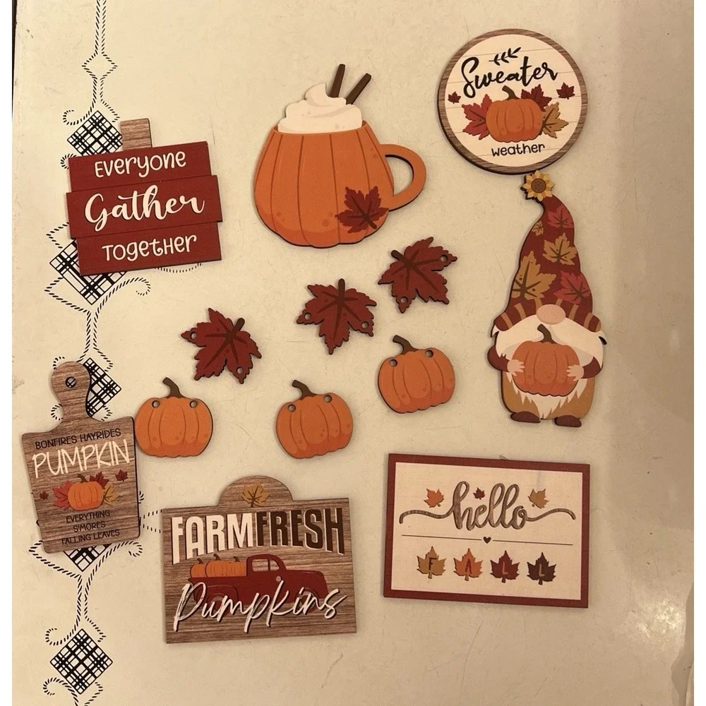Fall/Thanksgiving Autumn Decor 13 PC Wood-Leaves, Pumpkin, Gnome, Latte